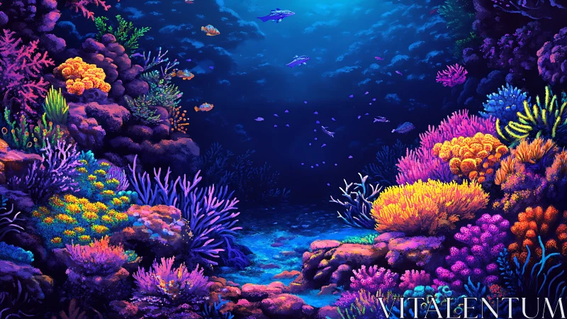 Neon reef dreamscape glows beneath a midnight ocean hush.