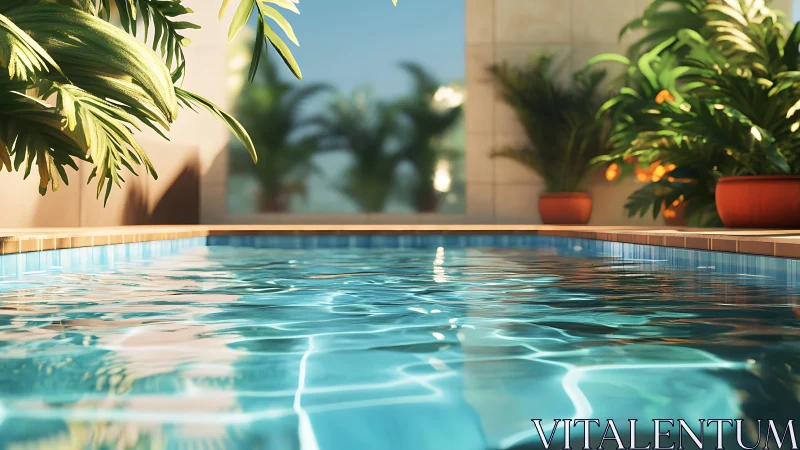 Rendered pool surface reflects sunlight near potted plants