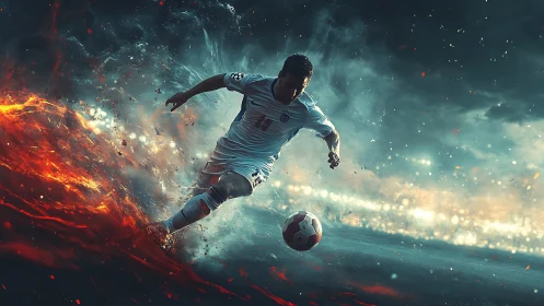 Soccer player drives ball through fiery stormlit stadium field