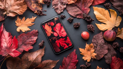 Smartphone rests among dried autumn leaves on dark surface