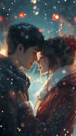 Two figures face each other amidst glowing particles and bokeh lights