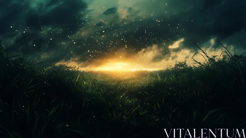 Glowing meadow horizon under storm clouds at twilight.