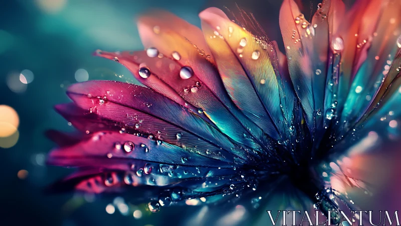 Iridescent Feather with Water Droplets: Chromatic Macro Study.