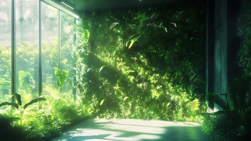 Glasshouse sunpool where city walls bloom in emerald hush.