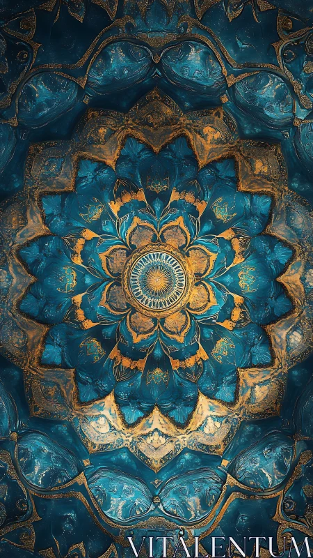 Radial teal-gold mandala with fractal floral tessellation geometry.
