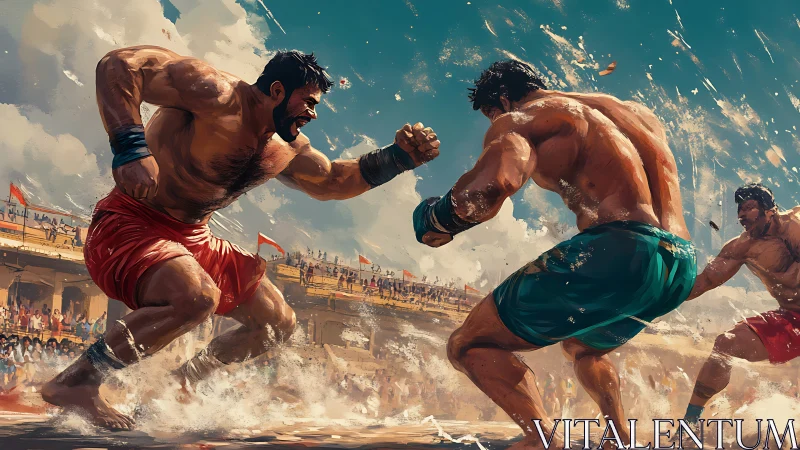 Two muscular fighters engage in hand-to-hand combat on beach sand.