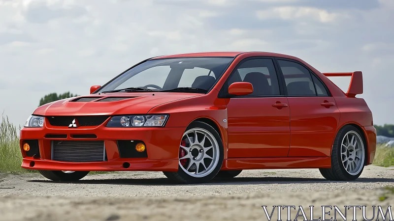 Red Mitsubishi Lancer Evo stands on rural gravel roadside.
