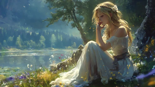 Young woman in white dress sits by lakeside in forest clearing