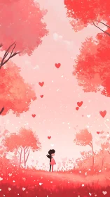 Figure Standing in Red Landscape with Falling Hearts.