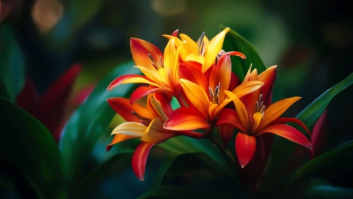 Red and Yellow Lilies Blooming Against Green Foliage.
