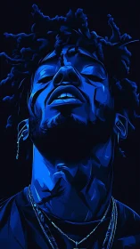 Stylized blue digital portrait of a person against dark background.