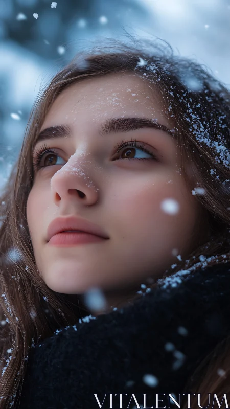 Close-up portrait of young woman outdoors in snowfall.