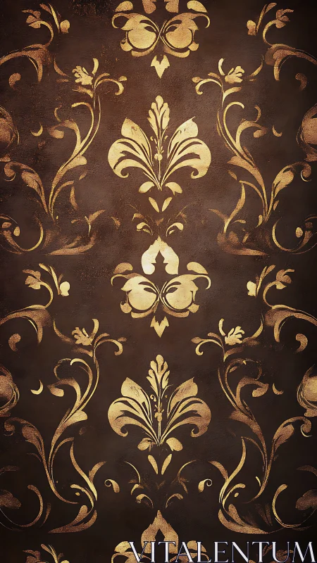 Ornate gold damask floral pattern on distressed brown ground