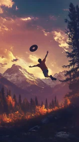 Silhouetted jumper reaches for flying disc over alpine sunset valley