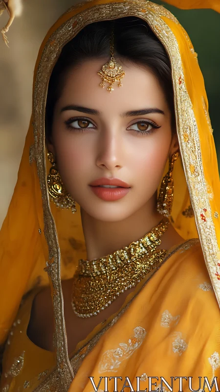 Portrait of woman in ornate yellow veil and jewelry.