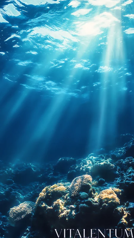 Sunlit underwater reef with coral and deep blue water.