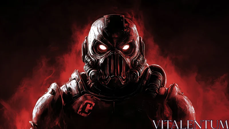 Armored infernal exosuit with illuminated respirator mask.