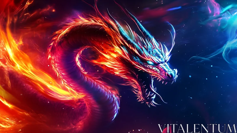 Bifurcated fire and neon-lit serpentine dragon in motion