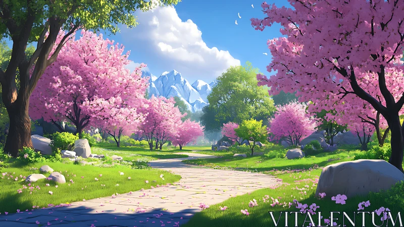 Spring path among pink cherry trees under clear sky.