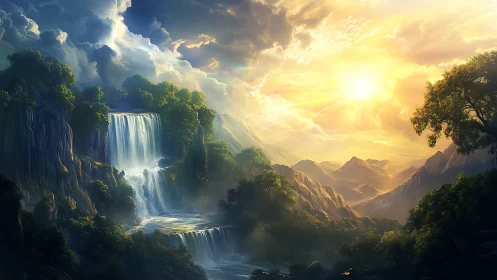 Fantasy waterfall valley under radiant golden sunrise.