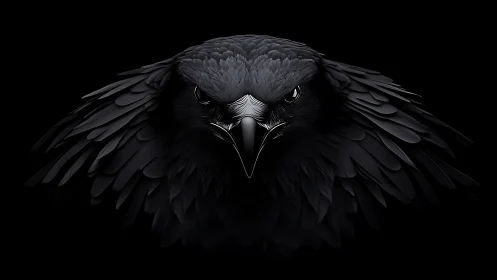 Midnight raven portrait with sculpted monochrome plumage.