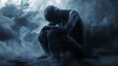 Wireframe figure in fog embodying digital isolation.