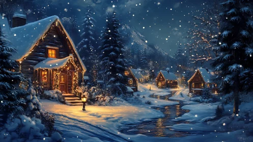 Snow-covered cabins stand along a winding winter stream