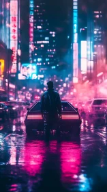 Lone driver faces neon cityscape beside retro cyber car
