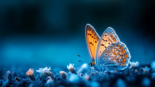 Butterfly rests on ground cover with selective macro focus