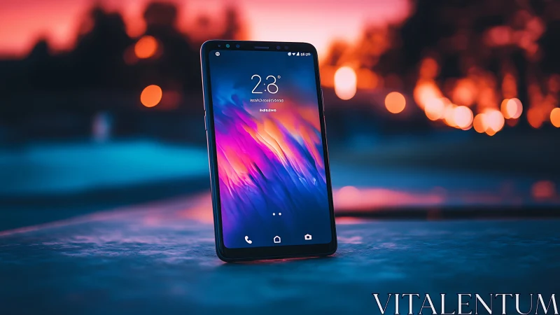 Mobile device displaying colorful gradient wallpaper in illuminated environment.