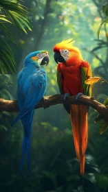 Colorful macaw friends perched together in lush jungle light.