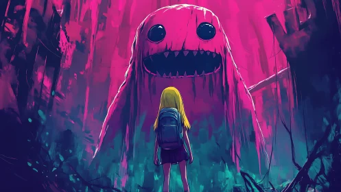 Girl facing large pink creature in stylized neon forest scene.