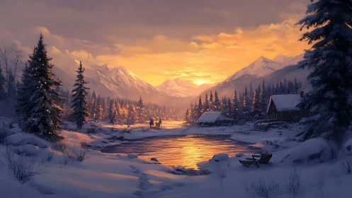 Snowy river cabins under orange winter sunset glow.