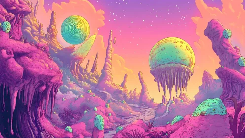 Surreal alien canyon under floating luminous spheres at dusk
