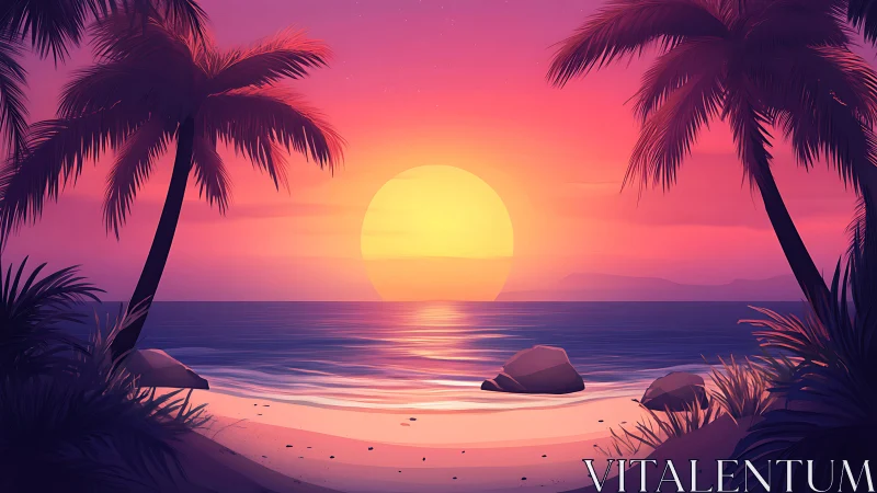 Tropical beach sunset with palm silhouettes and calm sea.