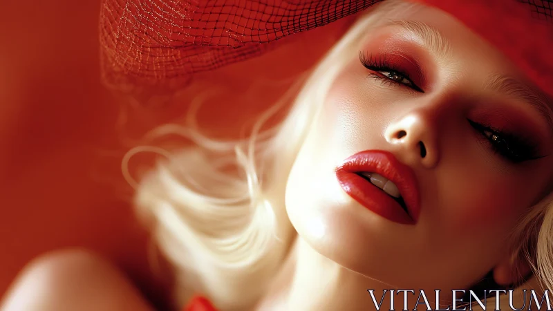 Close portrait shows stylized woman with red makeup and hat