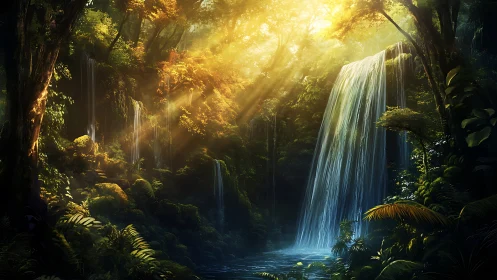 Enchanted Forest Waterfall: Golden Sunlight Through Ancient Trees.