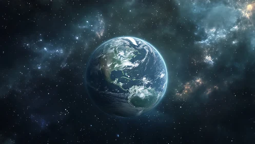 Solitary Earth drifting in luminous deep space expanse.
