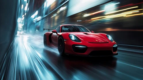 Red supercar slices through neon city tunnel at speed.