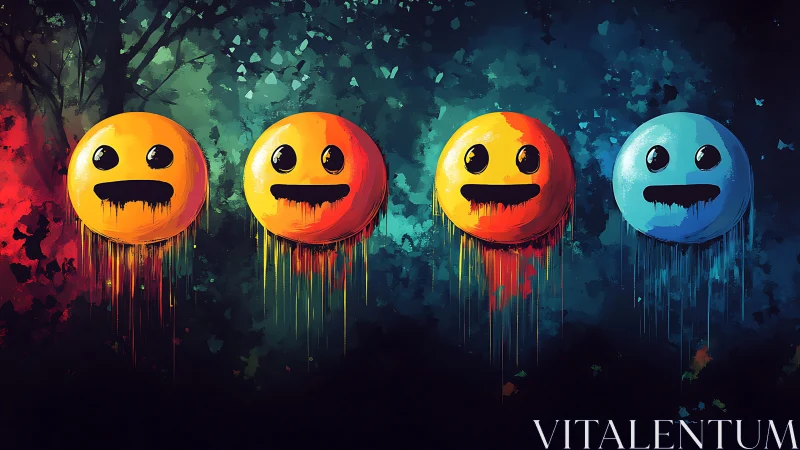 Vivid melting emoji faces drift across a neon twilight wall.