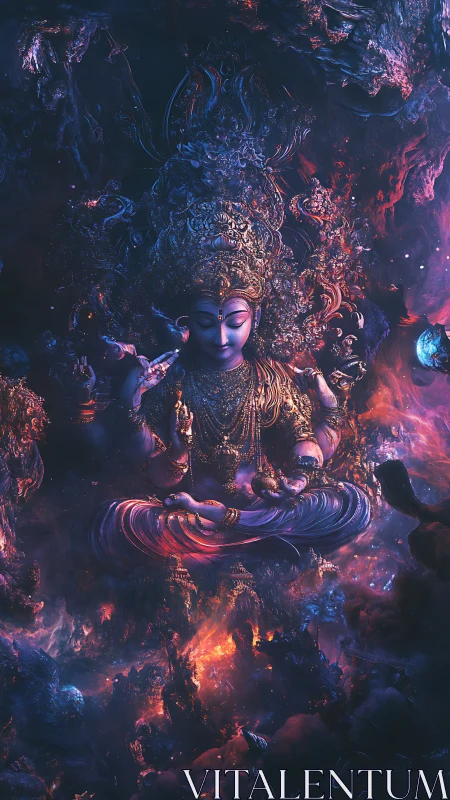 Cosmic deity meditates amid swirling nebula fire and stars.