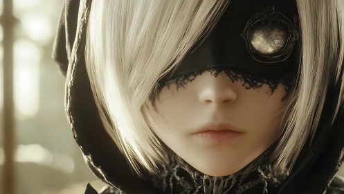 Masked silver haired anime girl in soft golden light.
