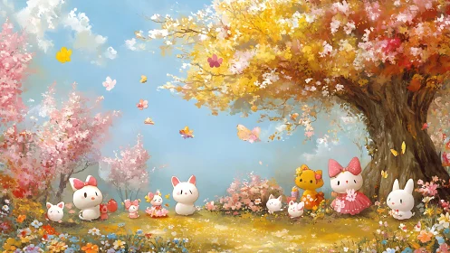 Springtime chibi critters under chromatic deciduous canopy.