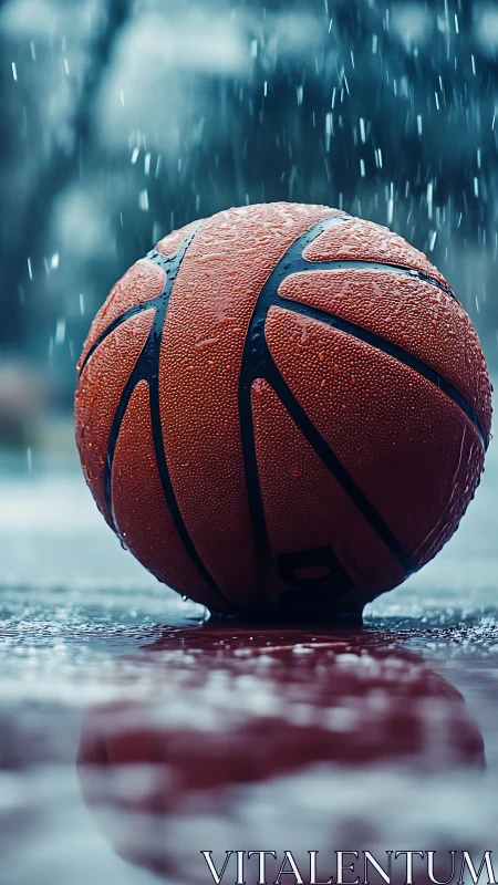 Wet basketball on outdoor court under steady rainstorm.
