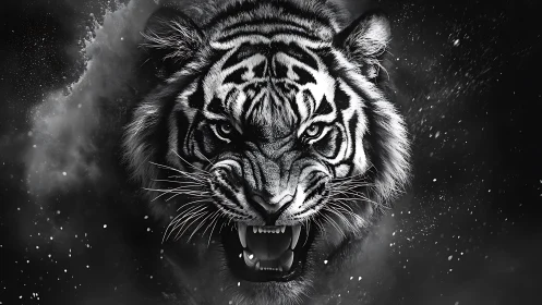 Fierce monochrome tiger roars forward through swirling darkness