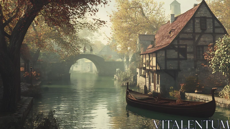 Canal with stone bridge and timber houses in soft daylight.
