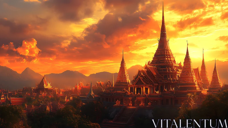 Golden temple city glows beneath a blazing sunset sky