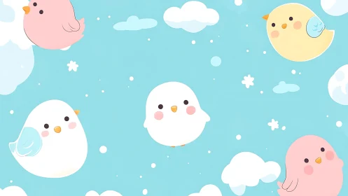 Round pastel birds float in bright blue cartoon sky