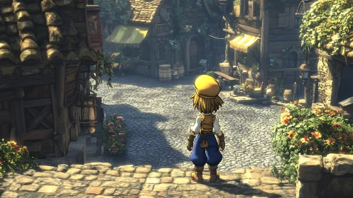 Sunlit cobblestone village with a hopeful young wanderer.