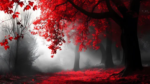 Scarlet canopy over misty monochrome woodland pathscape.